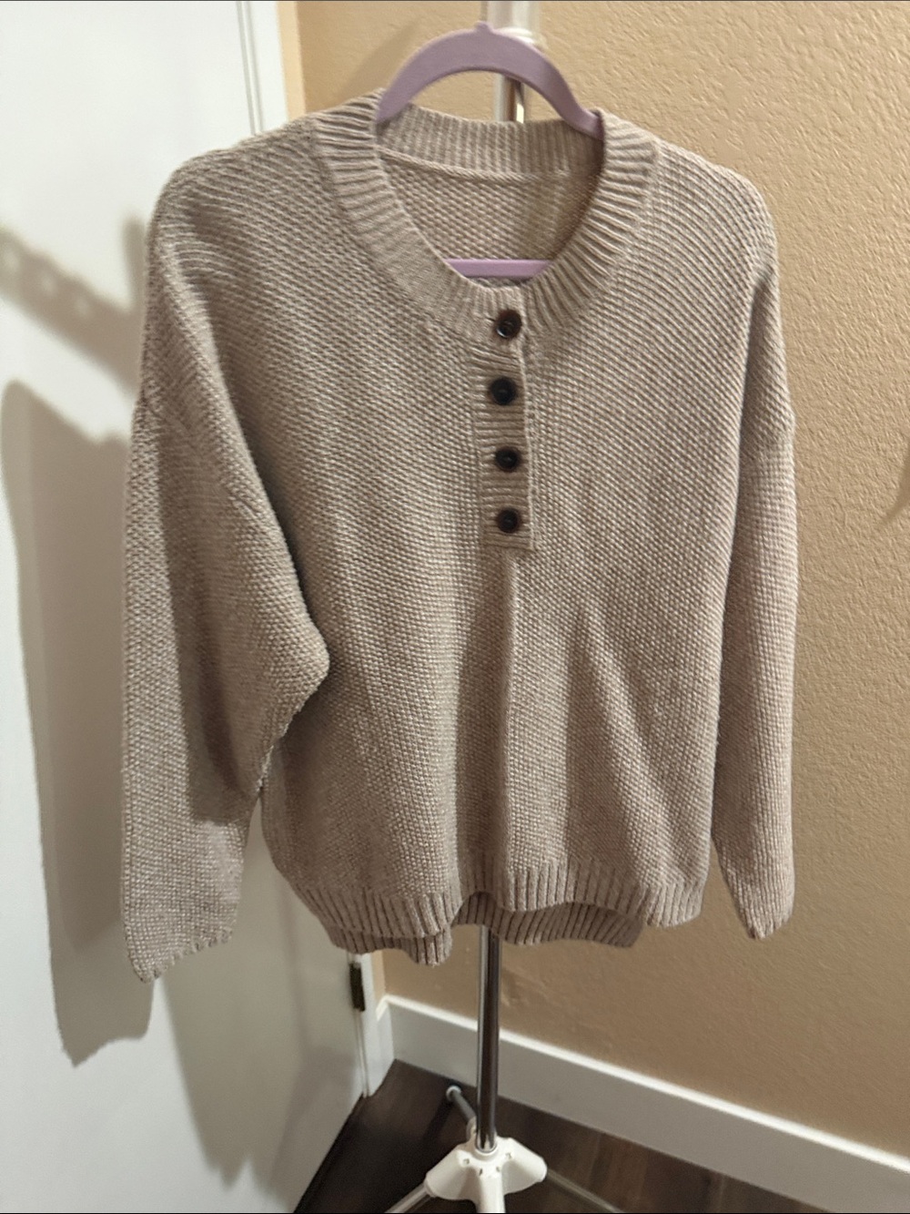 Neutral Crewneck Button Sweater - Beige
